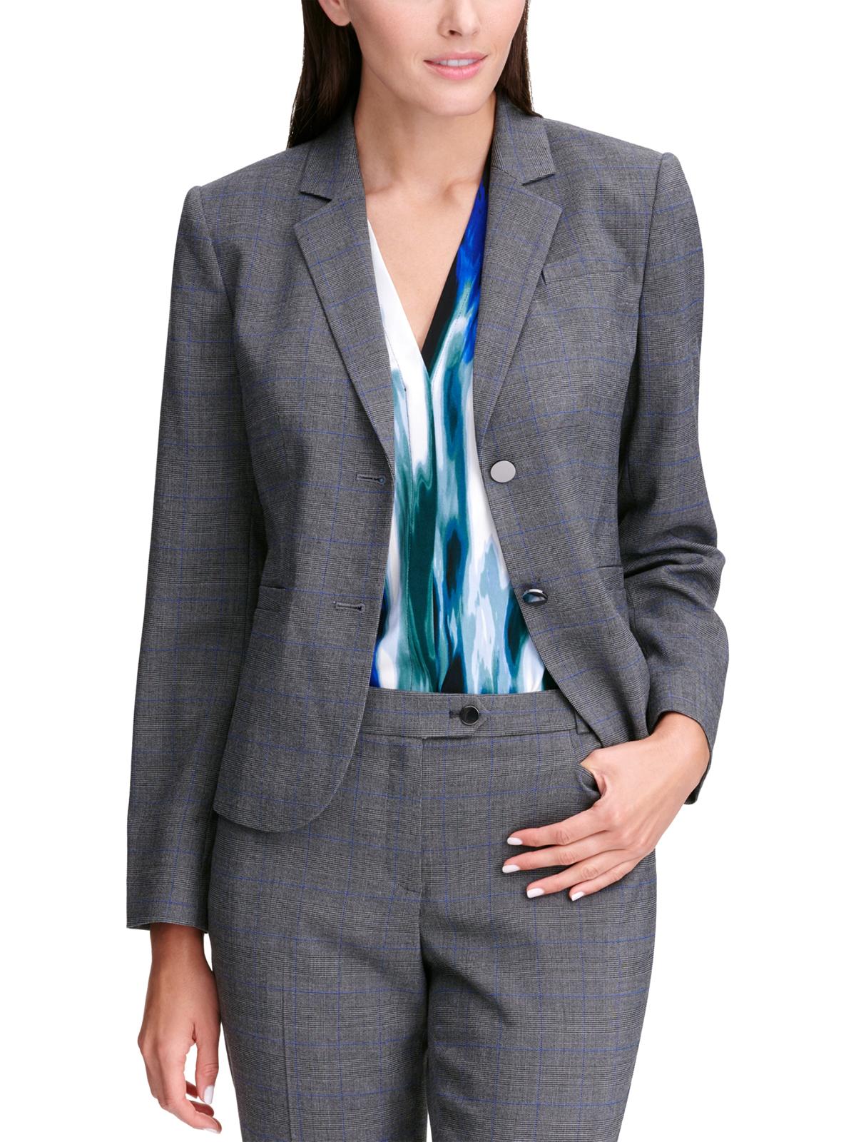 Calvin Klein Womens Plaid Office Wear Two-Button Blazer Gray 4